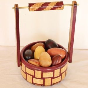 Wooden Basket With Exotic Wood Eggs, Unique Decorative Basket, Easter Basket